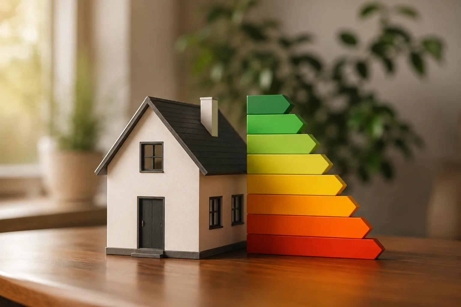 Hausmodell neben abstrakter Energie-Farbskala ohne Text