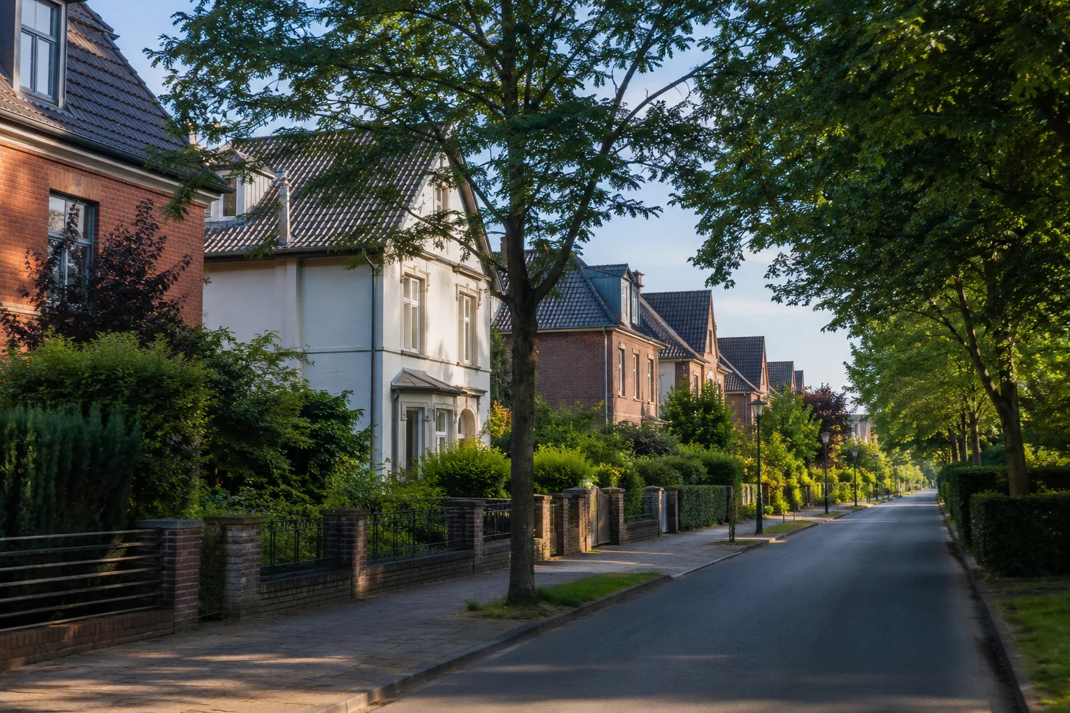 Helles Wohnhaus mit grünem Vorgarten in einer westfälisch geprägten Wohnstraße