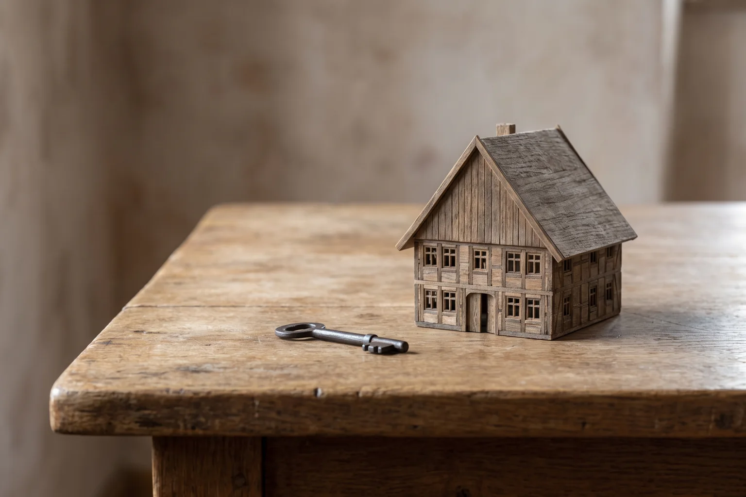 Hausakte auf Holztisch mit Schlüssel und Architekturplan