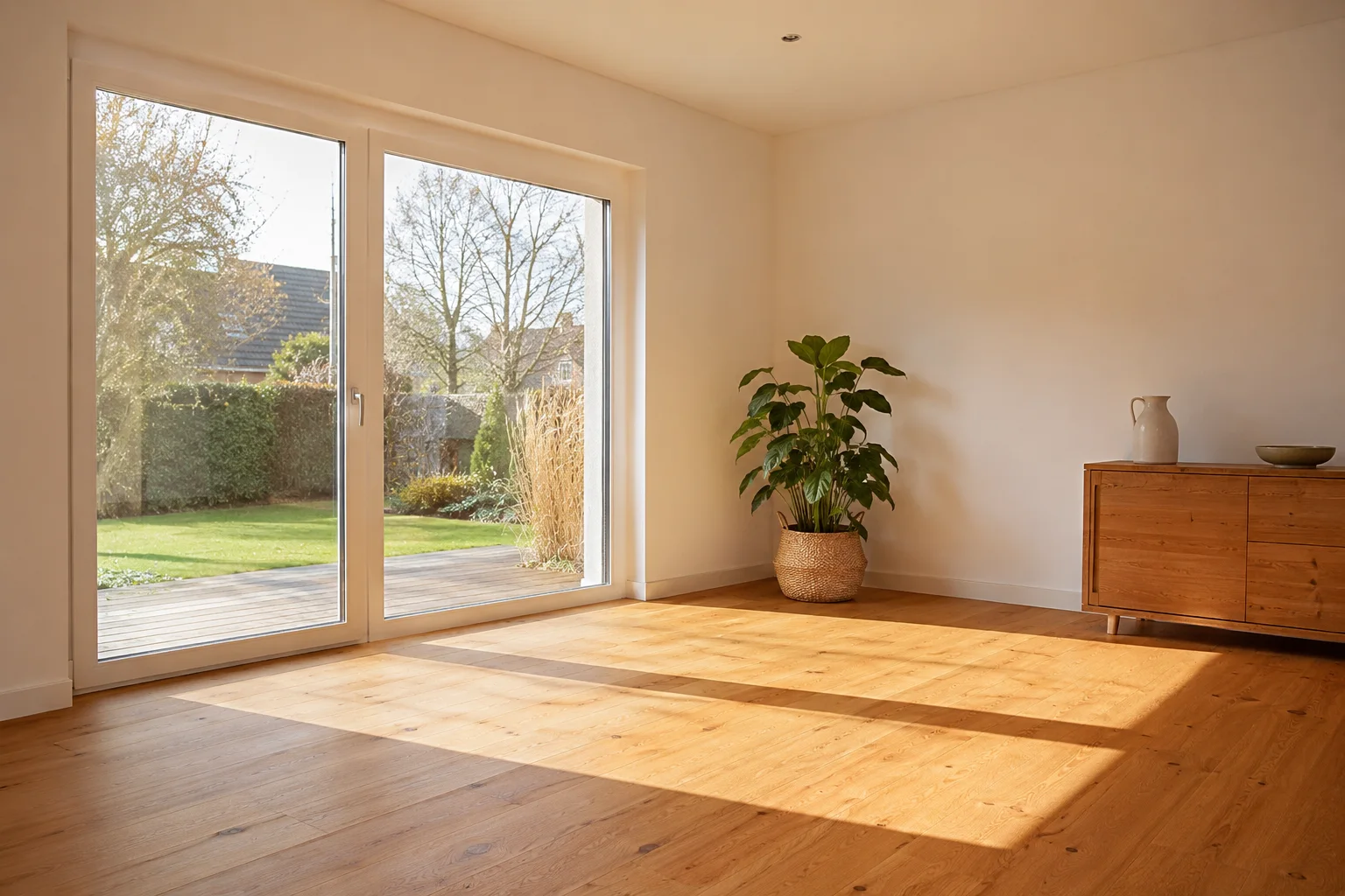 Leeres gepflegtes Hauszimmer mit Sonnenlicht