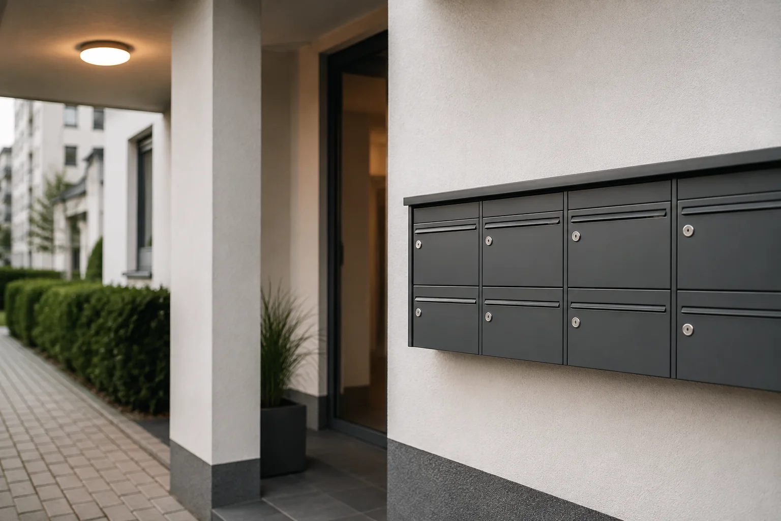 Mehrfamilienhaus-Detail mit neutralen Briefkästen ohne Namen